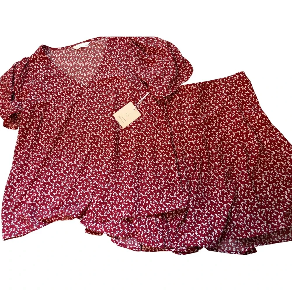 New LC‎ Lauren Conrad Red White Heart Print Top and Skirt Set Md LG Ditsy